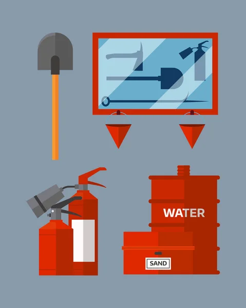 Équipement de sécurité incendie outils d'urgence pompier danger sécuritaire accident protection contre les flammes vecteur illustration . — Image vectorielle