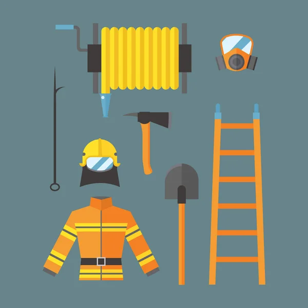 Equipamento de segurança contra incêndio ferramentas de emergência bombeiro perigo seguro acidente chama proteção vetor ilustração . — Vetor de Stock