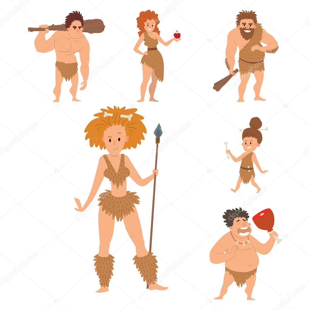 Caveman primitive stone age cartoon neanderthal people character evolution vector illustration.