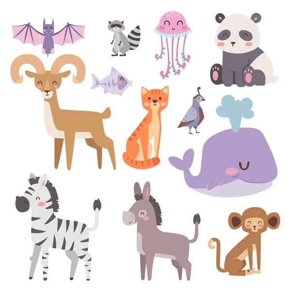 Cute zoo cartoon animals isolated funny wildlife learn cute language and tropical nature safari mammal jungle tall characters vector illustration. — Stock Vector