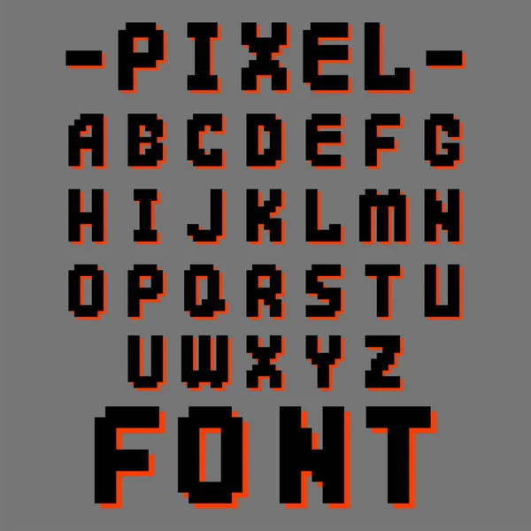 Pixel retro video dator speldesign 8 bitar bokstäver elektroniska futuristisk stil vektor abc typsnitt digitala kreativa alfabetet isolerade — Stock vektor