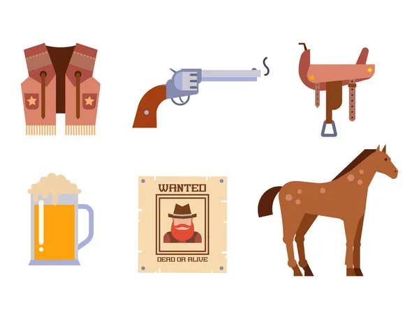 Elementos del oeste salvaje establecen iconos equipo de rodeo vaquero y diferentes accesorios vector ilustración . — Vector de stock