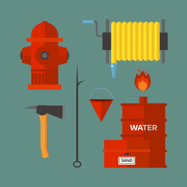 Φωτιά ασφάλεια εξοπλισμού έκτακτης ανάγκης εργαλεία πυροσβέστης ασφαλές κίνδυνος ατυχήματος φλόγα προστασία εικονογράφηση φορέα. — Διανυσματικό Αρχείο