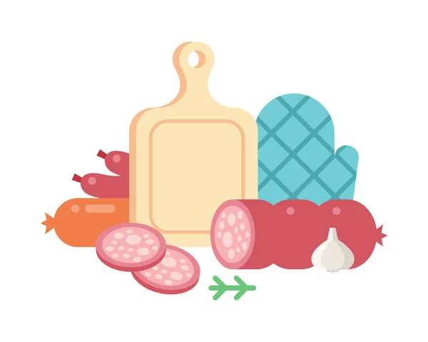 Fleischprodukte Zutat und rustikale Elemente Zubereitungsgeräte Lebensmittel Flachvektor Illustration. — Stockvektor