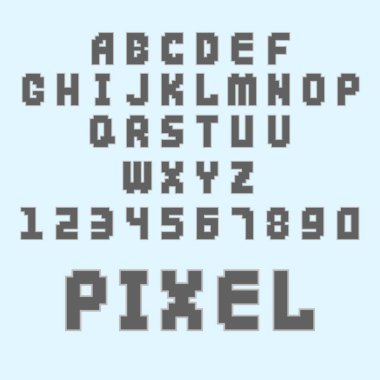 Piksel retro yazı tipi video bilgisayar oyun tasarımı 8 bit harfler numaraları elektronik futuristik stil vektör izole abc yazı tipi dijital yaratıcı alfabesi
