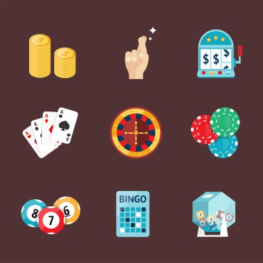 Blackjack casino oyun poker kumarbaz sembolleri kartları para kazanan rulet joker vektör çizim.