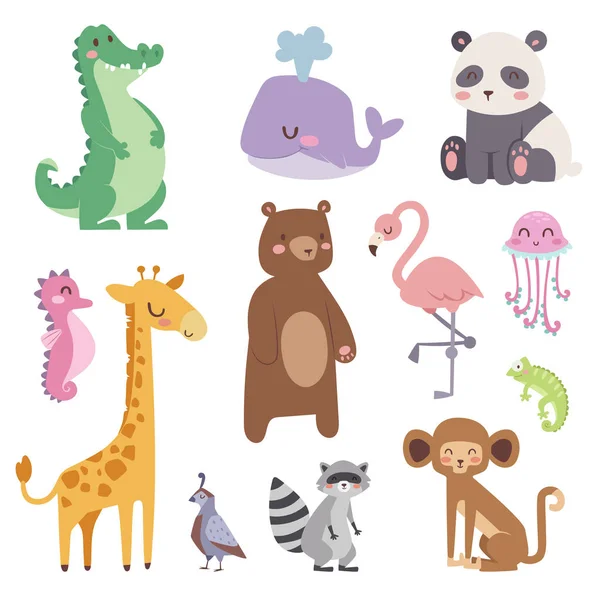 Cute zoo cartoon animals isolated funny wildlife learn cute language and tropical nature safari mammal jungle tall characters vector illustration. — Stock Vector