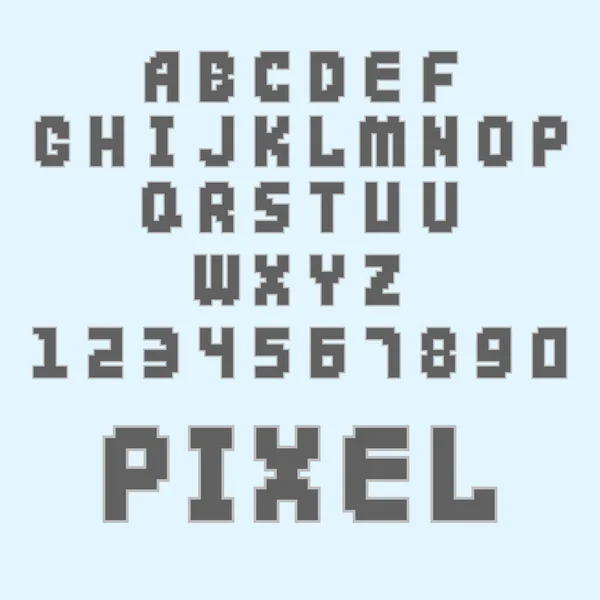 Pixel retro video computer game-design 8 bit letters nummers elektronische futuristische tekenstijl vector abc lettertype digitale creatieve alfabet geïsoleerd — Stockvector