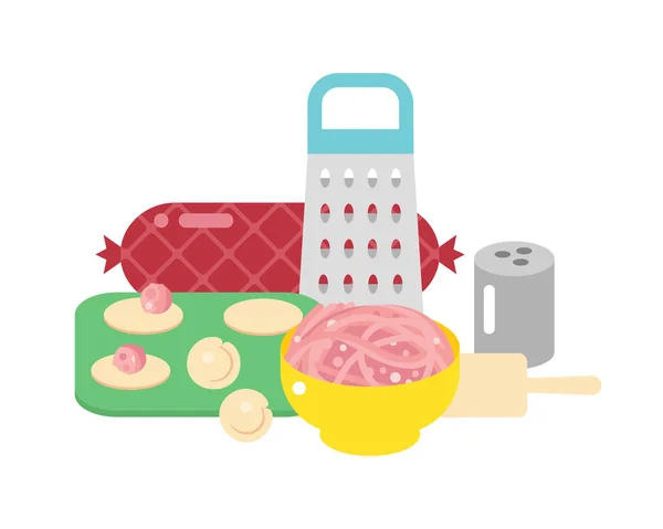 Productos cárnicos ingrediente y elementos rústicos equipo de preparación alimentos vector plano ilustración . — Vector de stock