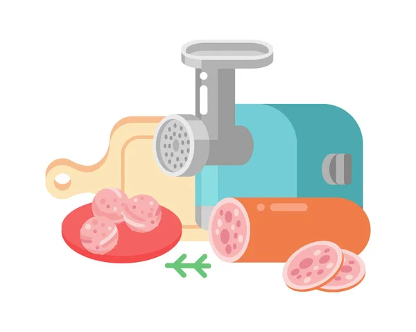 Ingrediente de produtos de carne e elementos rústicos equipamento de preparação alimento ilustração vetorial plana . — Vetor de Stock