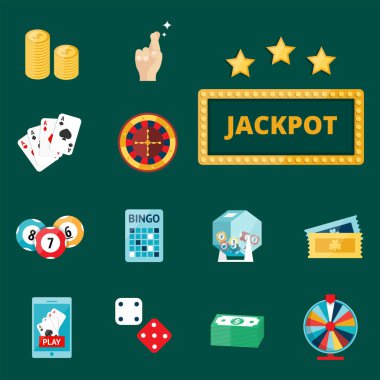 Blackjack casino oyun poker kumarbaz sembolleri kartları para kazanan rulet joker vektör çizim.