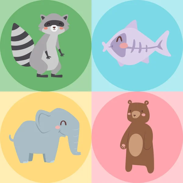 Animales de dibujos animados zoológico lindo aislado fauna divertida aprender lenguaje lindo y naturaleza tropical safari mamífero selva personajes altos vector ilustración . — Vector de stock