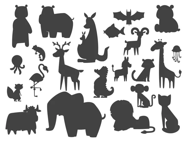 Mignon zoo dessin animé silhouette animaux isolés drôle faune apprendre langage mignon et nature tropicale safari mammifères jungle personnages grands vecteur illustration . — Image vectorielle