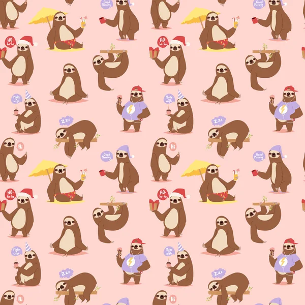 Laziness sloth animal character different pose seamless pattern vector — Stock Vector