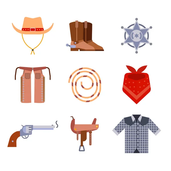 Divoký západ prvky nastavení ikon kovboj rodeo zařízení a různé příslušenství vektorové ilustrace. — Stockový vektor