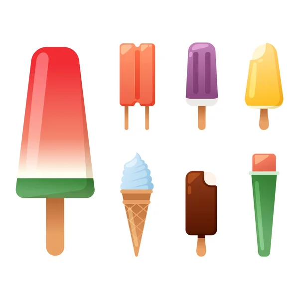 Ορίστε πάγου καρτούν εικονογράφηση φορέα πολύχρωμο επιδόρπιο κρέμα καρπούζι φαγητό γλυκό κρύο απομονωμένες εικονίδιο σνακ κώνου νόστιμα φρούτα κατεψυγμένα συλλογή καραμελών — Διανυσματικό Αρχείο