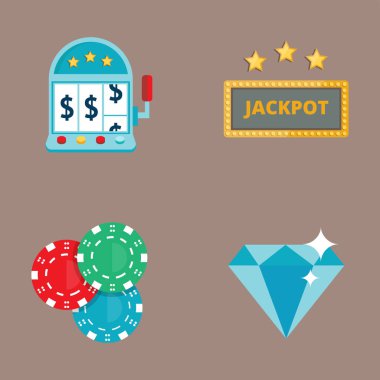 Blackjack casino oyun poker kumarbaz sembolleri kartları para kazanan rulet joker vektör çizim.