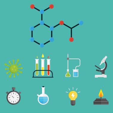 Tıbbi Laboratuar bilimsel biyoloji tasarım molekül mikroskop konsepti laboratuvar sembolleri test ve biyoteknoloji bilim kimya simgeler illüstrasyon vektör.