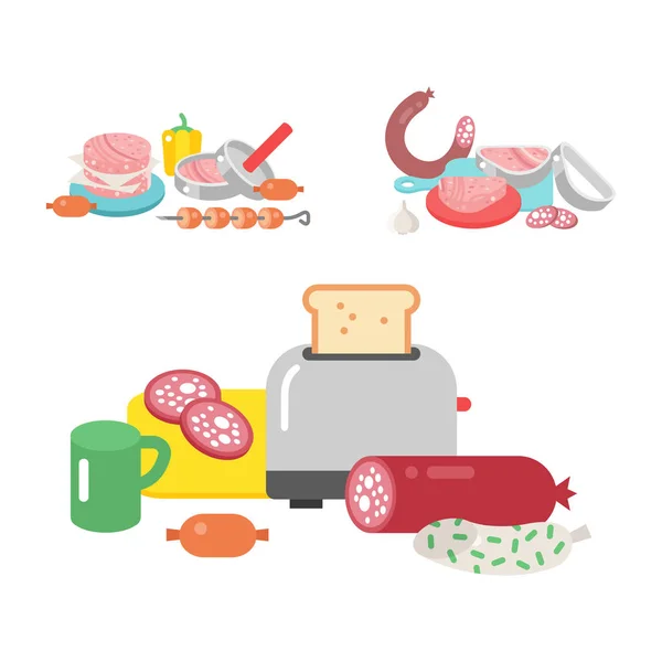 Produits de viande ingrédients et éléments rustiques équipement de préparation alimentaire illustration vectorielle plate . — Image vectorielle