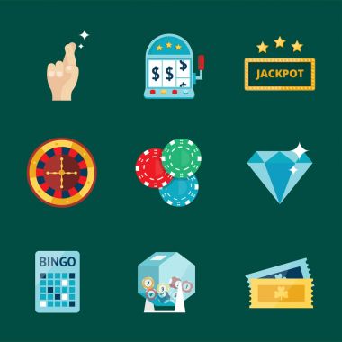 Blackjack casino oyun poker kumarbaz sembolleri kartları para kazanan rulet joker vektör çizim.