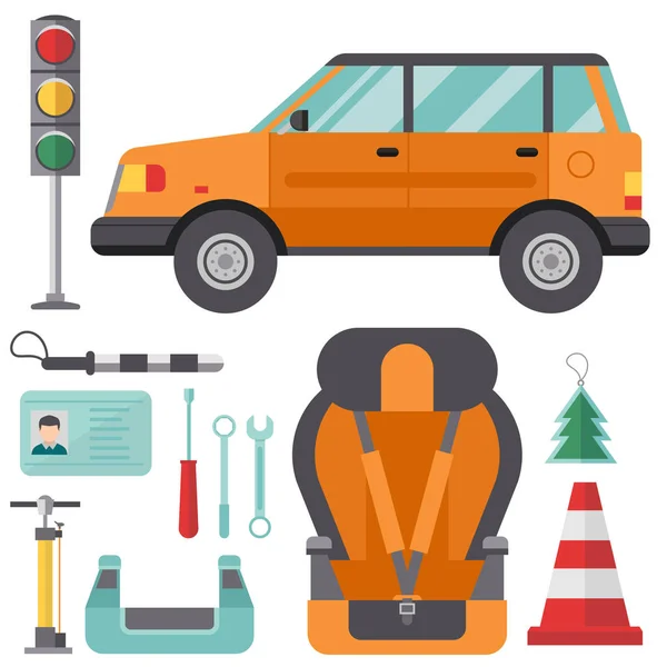 Auto transporte motorista icono símbolo vehículo equipo servicio coche conductor herramientas vector ilustración . — Vector de stock