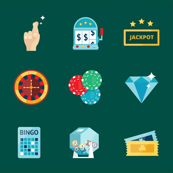 Casino game poker gambler symbols blackjack cards money winning roulette joker vector illustration. — Stock Vector