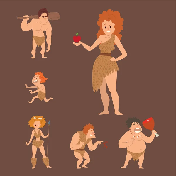 Caveman primitivo pedra idade cartoon neanderthal pessoas personagem evolução vetor ilustração . — Vetor de Stock
