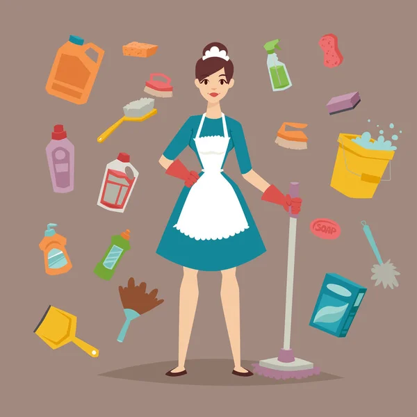 Ama de casa chica ama de casa limpieza chica bonita lavado limpiador química trabajo doméstico equipo vector . — Vector de stock