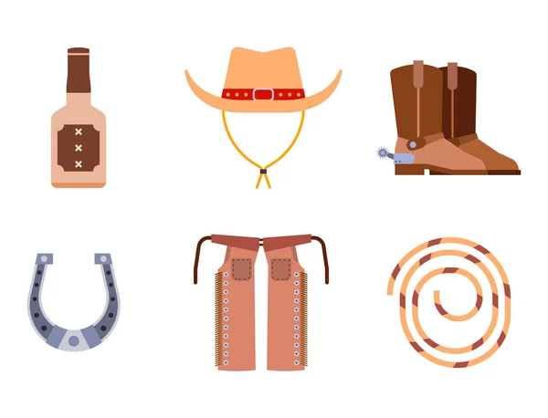 Elementos del oeste salvaje establecen iconos equipo de rodeo vaquero y diferentes accesorios vector ilustración . — Vector de stock