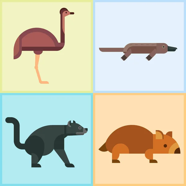 Ausztrália vadon élő állatok cartoon népszerű jellegét karakterek lapos stílusú és ausztrál emlős ausztrál őshonos erdei gyűjtemény vektoros illusztráció. — Stock Vector