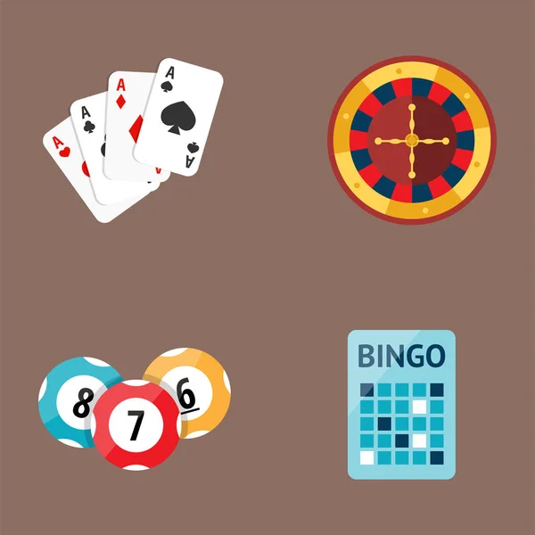 Juego de casino poker jugador símbolos blackjack tarjetas dinero ganar ruleta joker vector ilustración . — Archivo Imágenes Vectoriales