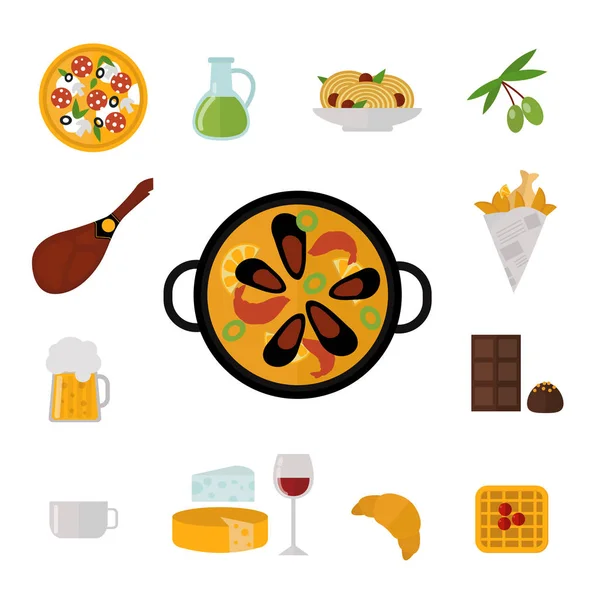 Europeiska välsmakande mat rätter middag mat visar läckra element platta vektorillustration. — Stock vektor