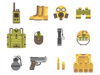 Askeri silah silah zırh Amerikan savaş mühimmat kamuflaj işareti vektör çizim zorlar.