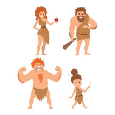 Mağara adamı ilkel Taş Devri çizgi film Neandertal insanlar evrim vektör çizim karakter.