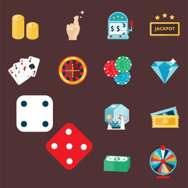Blackjack casino oyun poker kumarbaz sembolleri kartları para kazanan rulet joker vektör çizim.