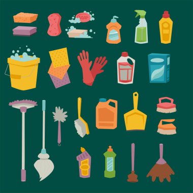 Temizleyici şişe kimyasal ev ürün bakım yıkama ekipmanları temizlik sıvı düz vektör çizim.