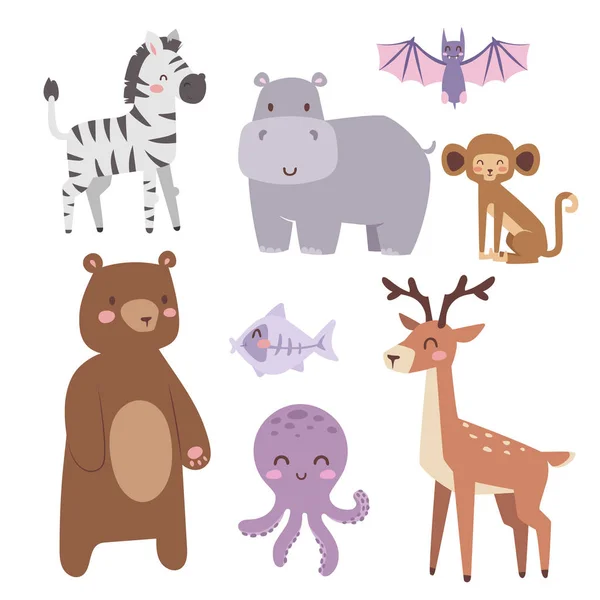 Animales de dibujos animados zoológico lindo aislado fauna divertida aprender lenguaje lindo y naturaleza tropical safari mamífero selva personajes altos vector ilustración . — Vector de stock