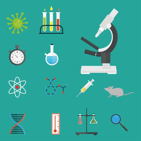 Tıbbi Laboratuar bilimsel biyoloji tasarım molekül mikroskop konsepti laboratuvar sembolleri test ve biyoteknoloji bilim kimya simgeler illüstrasyon vektör. — Stok Vektör