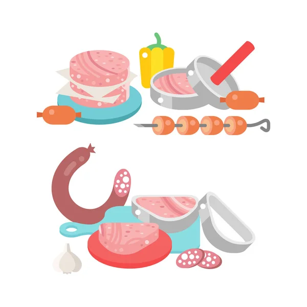 М'ясні продукти інгредієнти та сільські елементи обладнання для приготування їжі плоскі Векторні ілюстрації . — стоковий вектор