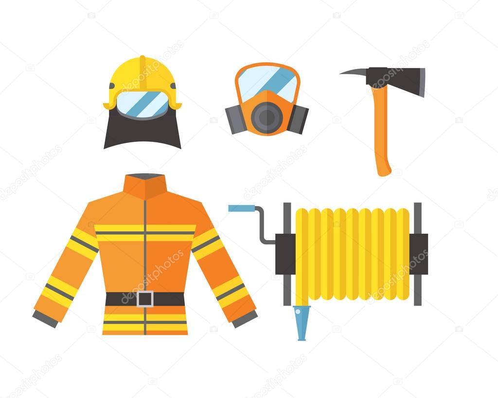 Fire safety equipment emergency tools firefighter safe danger accident flame protection vector illustration.