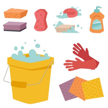 Temizleyici şişe kimyasal ev ürün bakım yıkama ekipmanları temizlik sıvı düz vektör çizim.