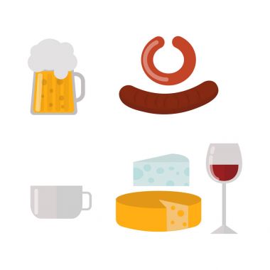 Lezzetli öğeleri düz vektör çizim gösterilen Avrupa lezzetli mutfağı yemek yiyecek.