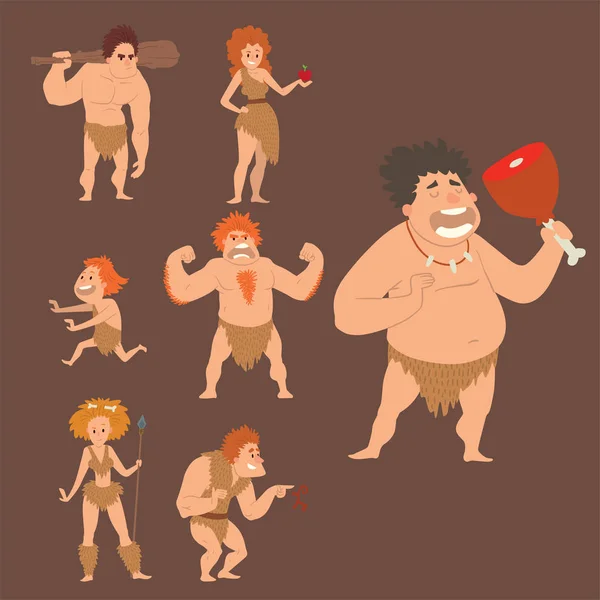 Hombre de las cavernas primitiva edad de piedra dibujos animados gente neandertal personaje evolución vector ilustración . — Vector de stock