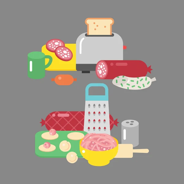 М'ясні продукти інгредієнти та сільські елементи обладнання для приготування їжі плоскі Векторні ілюстрації . — стоковий вектор