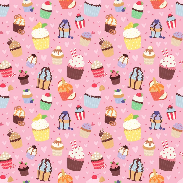 Conjunto de cupcakes vector lindo y magdalenas patrón sin costuras — Vector de stock