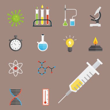 Tıbbi Laboratuar bilimsel biyoloji tasarım molekül mikroskop konsepti laboratuvar sembolleri test ve biyoteknoloji bilim kimya simgeler illüstrasyon vektör.