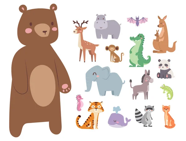 Carino zoo cartoni animati animali isolato divertente fauna imparare carino lingua e tropicale natura safari mammifero giungla alto personaggi vettore illustrazione . — Vettoriale Stock