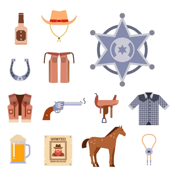 Elementos del oeste salvaje establecen iconos equipo de rodeo vaquero y diferentes accesorios vector ilustración . — Archivo Imágenes Vectoriales