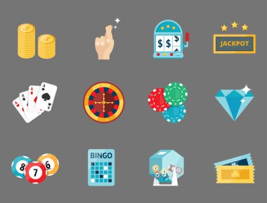 Blackjack casino oyun poker kumarbaz sembolleri kartları para kazanan rulet joker vektör çizim.