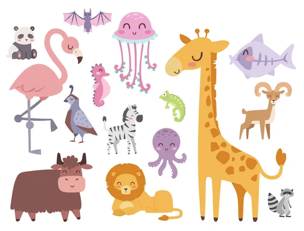 Bonito zoológico desenhos animados animais isolado engraçado vida selvagem aprender bonito linguagem e tropical natureza safari mamífero selva altos personagens vetor ilustração . —  Vetores de Stock